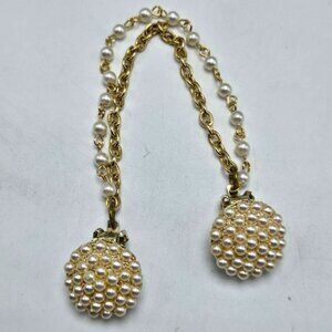 60's Faux Pearl Sweater Clips Double Chain Gold Tone Sweater Guards Accessories